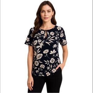 Ann Taylor Petite Navy Floral Blouse – Size MP